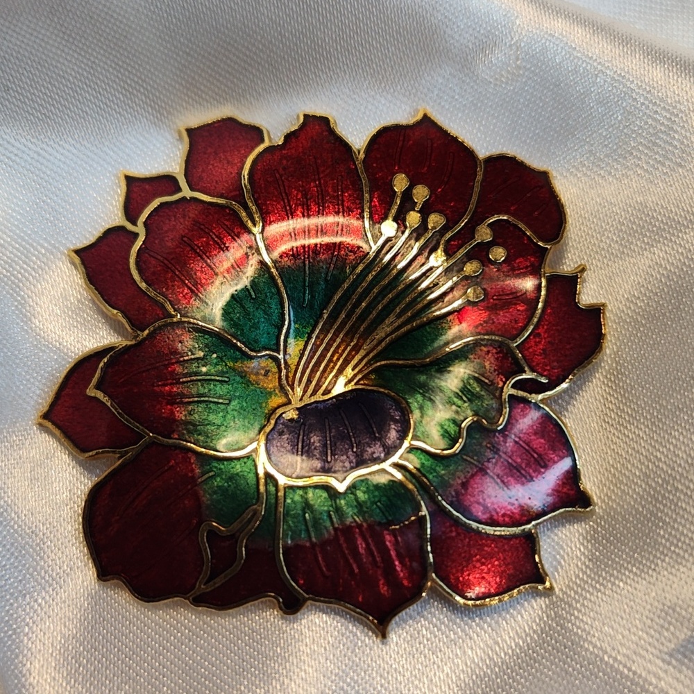 Vintage Gold Tone Cloisonne Hibiscus Brooch- Like New
